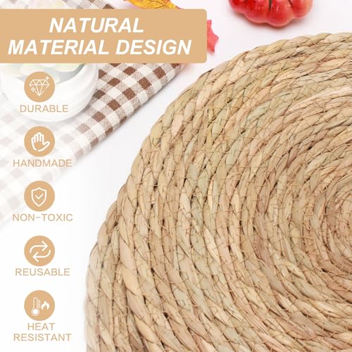 Round Woven Placemats Set of 12，13 Inch Natural Rattan Placemats Hand-Woven Water Hyacinth Placemat Farmhouse Rustic Braided Boho Wicker Table Mats for Christmas Dining Table Wedding Home (13 Inch) - size: 13