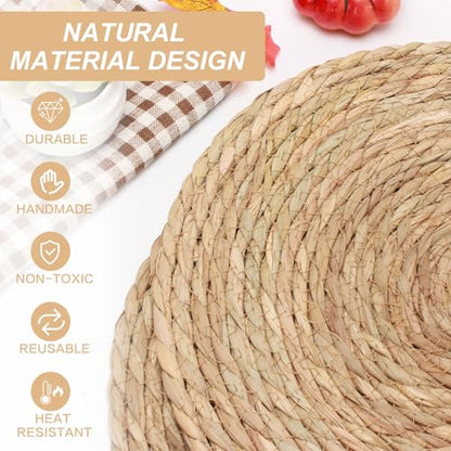 Round Woven Placemats Set of 12，13 Inch Natural Rattan Placemats Hand-Woven Water Hyacinth Placemat Farmhouse Rustic Braided Boho Wicker Table Mats for Christmas Dining Table Wedding Home (13 Inch) - size: 13