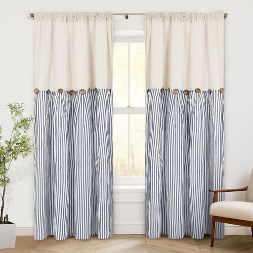 ASPMIZ Cotton Linen Farmhouse Curtains Boho Rustic Button Drapes, Linen Window Curtain Panels, Blue Stripe Country Curtain for Living Room, Modern Back Tab Blackout Curtains 52 x 84 Inch, 2 Panels - color: Beige&blue, size: 52"W x 84"L (Pack of 2)