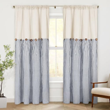 ASPMIZ Cotton Linen Farmhouse Curtains Boho Rustic Button Drapes, Linen Window Curtain Panels, Blue Stripe Country Curtain for Living Room, Modern Back Tab Blackout Curtains 52 x 84 Inch, 2 Panels - color: Beige&blue, size: 52"W x 84"L (Pack of 2)