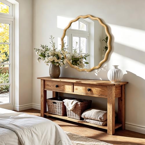 AMOISE Round Wavy Wall Mirror, 28" Circle Boho Scalloped Mirror - size: 28"L x 28"W