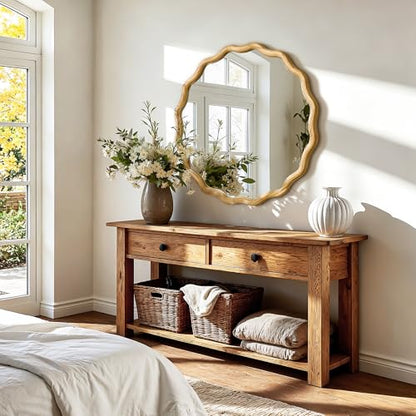 AMOISE Round Wavy Wall Mirror, 28" Circle Boho Scalloped Mirror - size: 28"L x 28"W