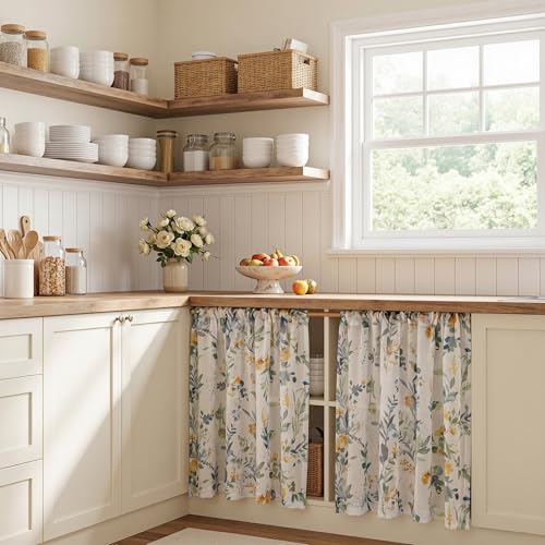 MYSKY HOME Yellow and Blue Floral Sheer Curtains 36 Inch Length - color: A-yellow & Blue, size: 52"W x 36"L (Pack of 2)
