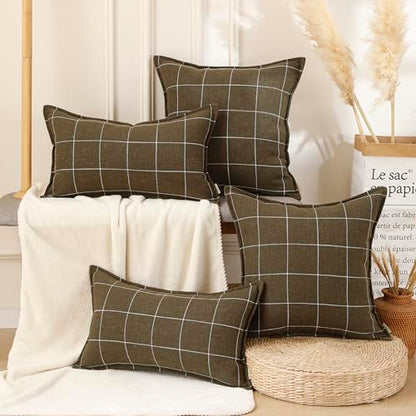Pure Linen Plaid Throw Pillow Covers 18x18, Set of 2, Khaki - color: Khaki, size: 18x18inch