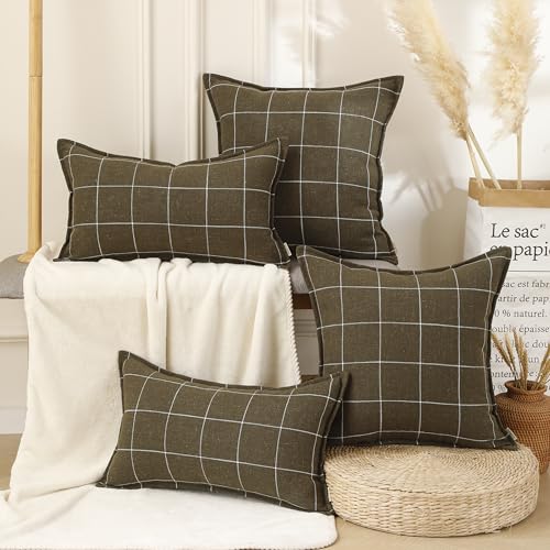 Pure Linen Plaid Throw Pillow Covers 24x24, Set of 2, Khaki - color: Khaki, size: 24x24inch