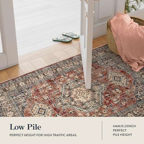 Lahome Oriental Washable Circle Rugs, Non-Slip Round Rug 4ft Ultra-Thin - color: Brick Red, size: 4'(Round)