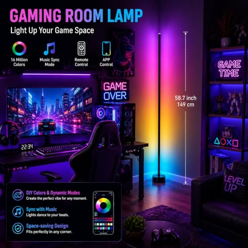 RGB Corner Floor Lamp, 16 Million Colors LED Ambient Light with Music Sync, App and Remote Control, Color Changing Standing Lamp for Gaming Room, Bedroom and Living Room - color: 1_Pack