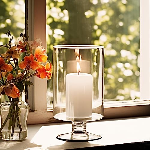 CYS EXCEL Glass Hurricane Pillar Candle Holder (H:10" W:6") | Multiple Size Choices Short Stem Candle Centerpieces | Stemmed Glass Cylinder Candle Vase - size: H-10" W-6"
