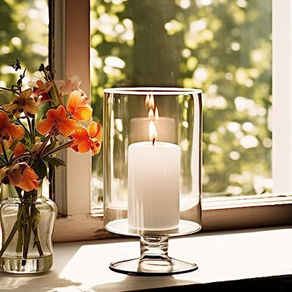 CYS EXCEL Glass Hurricane Pillar Candle Holder (H:10" W:6") | Multiple Size Choices Short Stem Candle Centerpieces | Stemmed Glass Cylinder Candle Vase - size: H-10" W-6"