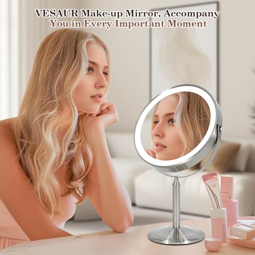 VESAUR 15X Magnifying Mirror with Light, 9.5 Large 5000mAh Rechargeable Double Sided HD Lighted Makeup Mirror with 3 Touch Dimmable Light, 360° Swivel Detachable for Travel Vanity Mirror Nickel, Gifts - size: 17"L x 9.5"W