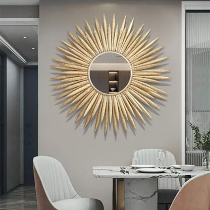 homary Sunburst Wall Mirror, 33.7" Gold Accent Mirror with Embossed Metal Frame for Living Room, Entryway, or Bedroom Decor (1, Style-A)