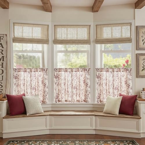 jinchan Floral Linen Kitchen Tier Curtains, 24 Inch, 2 Panels, Maroon - color: Amlie Maroon, size: 26"W x 24"L (Pack of 2)