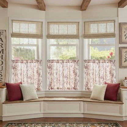 jinchan Floral Linen Kitchen Tier Curtains, 24 Inch, 2 Panels, Maroon - color: Amlie Maroon, size: 26"W x 24"L (Pack of 2)
