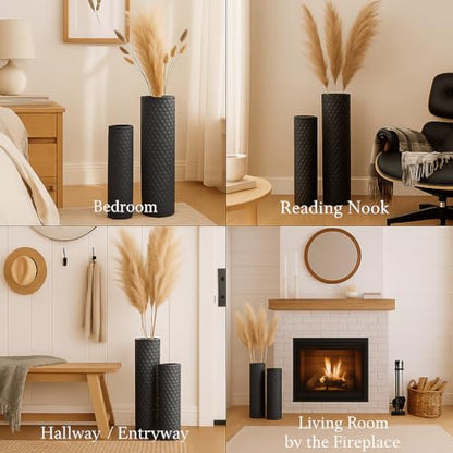 Leewadee Set of 2 Large Floor Vases Metal for Pampas Grass - color: Black
