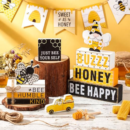 11 Pcs Bee Table Decorations Bee Tiered Tray Decorations Set Gnome Stack Signs Honey Farmhouse Rustic Wooden Table Centerpieces for Home Party - style: Bee