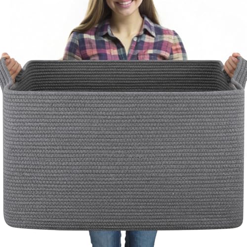 OIASKET 95L Extra Large Blanket Basket, 24" x 16.9" x 14.2" Woven Basket - color: Grey, size: 24"x16.9"x14.2"