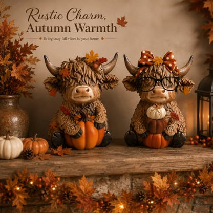 Karenhi 2 Pcs Fall Highland Cow Figurines Resin, Autumn Tabletop Decor - style: Autumn