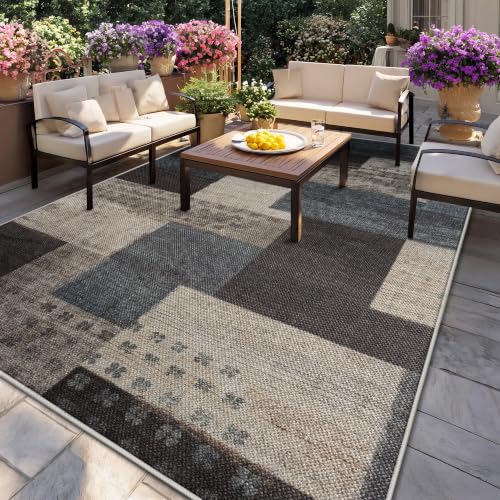 Modern Outdoor Patio Rug, Geometric Patchwork Rug for Living Room, Blue - color: Blue-taupe, size: 6x9ft