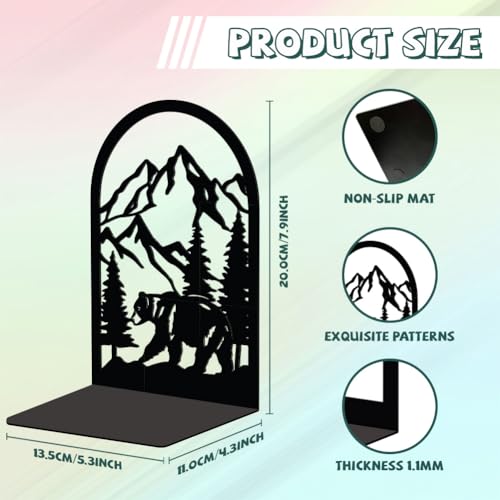 Peacoblue 5.3"x4.3"x7.9" Metal Bookends, Heavy Duty Book Ends for Shelves - style: Mountain and Forest with Bear