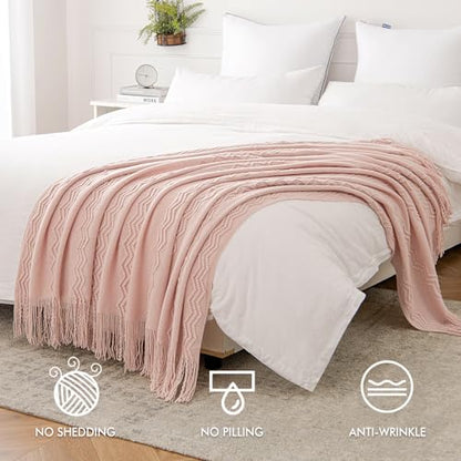 MIULEE Light Pink Knitted Boho Throw Blanket for Couch 50"x60" - color: Pink, size: 50" x 60"