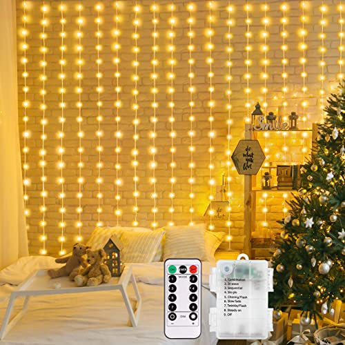 echosari Curtain Lights Battery Operated 6.6×6.6ft with Remote Timer | 200 LED Curtain Fairy Lights Fully Waterproof for Wedding Backdrops Bedroom Decor Warm White - color: Warm White, size: 6.6Ft x 6.6Ft