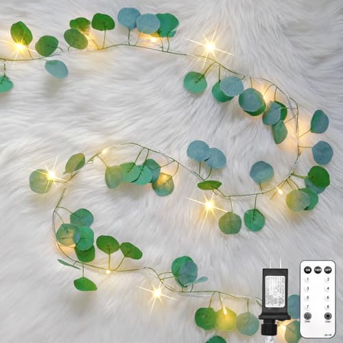 suddus 33FT 100LED Eucalyptus Garland Vines with Lights Plug in Clear Wire - color: Eucalyptus, size: 100 LED-Plug
