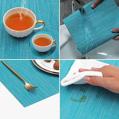 SHACOS Teal Blue Placemats Set of 8 Woven Vinyl Place Mats Easy Clean Dry - color: Teal Blue, size: Set of 8