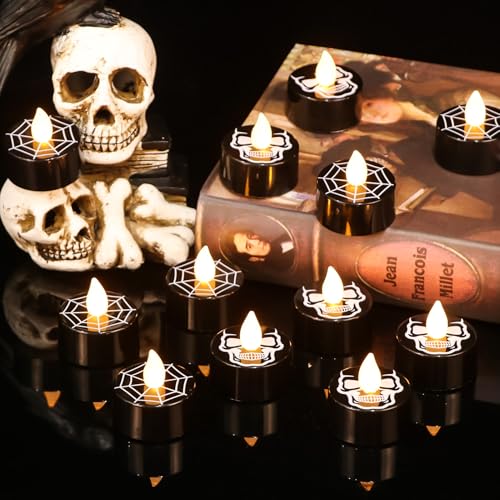 GenSwin Skull Spiderweb Halloween Flameless Candles Battery Operated Timer - color: 12-Black