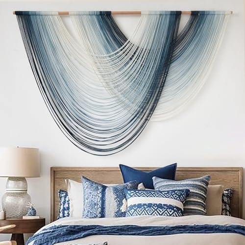 Macrame Wall Hanging Large handmade Navy Blue Ombre Fiber Art 57"W*39"L - color: Navy Blue
