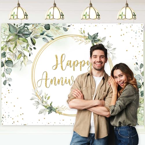 Sensfun 8x6ft Happy Anniversary Backdrop Sage Green Eucalyptus Wedding Anniversary Party Decorations Greenery Marriage Memorial Day Cheers to 10 Years 25th 40th 50th Wedding Day Banner - size: 8x6ft