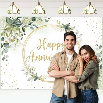 Sensfun 8x6ft Happy Anniversary Backdrop Sage Green Eucalyptus Wedding Anniversary Party Decorations Greenery Marriage Memorial Day Cheers to 10 Years 25th 40th 50th Wedding Day Banner - size: 8x6ft