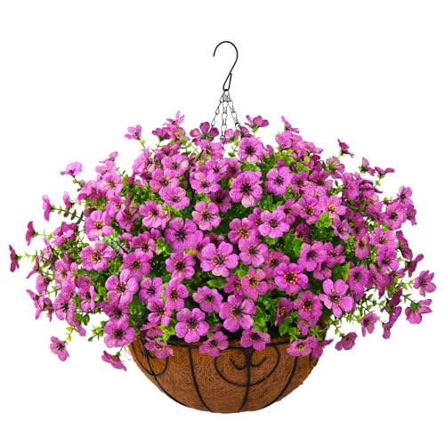 Artificial Hanging Flowers Basket for Outdoor, UV Resistant Plants Daisy - color: Dark Purple