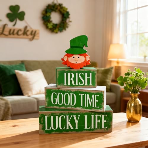 St. Patrick’s Day Decorations - St Patrick Day Irish Good Time Tiered Tray Decor Set - Wooden Leprechaun Tabletop Decoration - Rustic Farmhouse Holiday Home Decor for Indoor Shelf Mantel Coffee Table Gift - style: Irish
