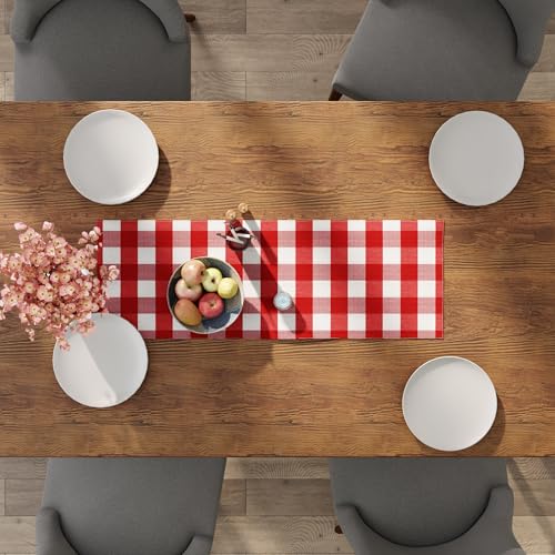 Encasa XO Table Runner, Woven Cotton Dining Linens 13"x36" Red - color: Buffalo Red Checks, size: 13x36 in