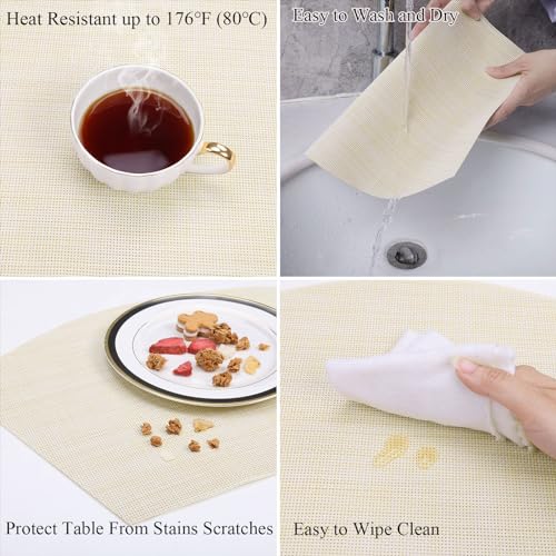 SHACOS Wedge Placemats Set of 4 Woven Vinyl Small Round Table Placemats Wipe Clean Table Mats for Round Dining Table Indoor Outdoor, Beige White - color: Linen Beige White