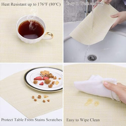 SHACOS Wedge Placemats Set of 4 Woven Vinyl Small Round Table Placemats Wipe Clean Table Mats for Round Dining Table Indoor Outdoor, Beige White - color: Linen Beige White