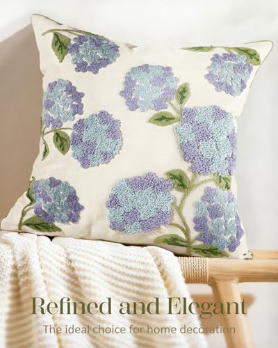 Embroidered Throw Pillow Cover, 18x18 Inch, Blue Hydrangea - color: Blue-hydrangea, size: 18" x 18" (Pack of 1)