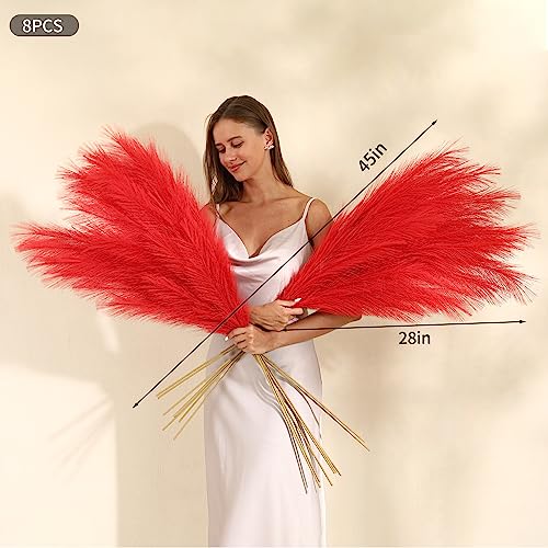 Wertuirk Red Pampas Grass Decor, 45-Inch 8Pcs Artificial Large Pampas Grass - color: Red