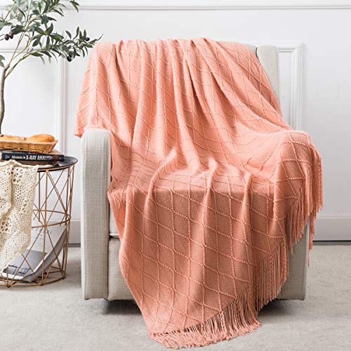 Homiest Coral Knitted Throw Blanket with Fringe, 50x60 Inch - color: Coral, size: 50" x 60"