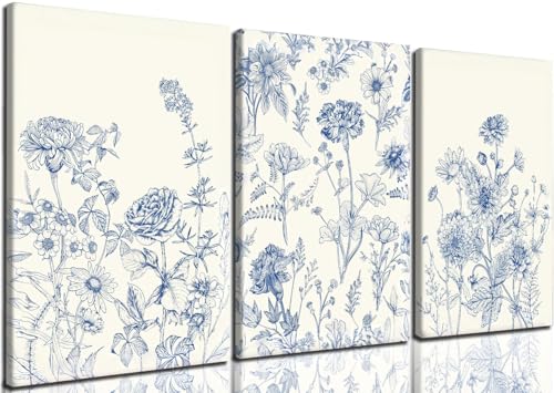 Blue Botanical Canvas Wall Art, 3 Piece Gallery Wrapped Set, 12x16 Inch - color: Blue flowers and grass, size: 12x16 inch