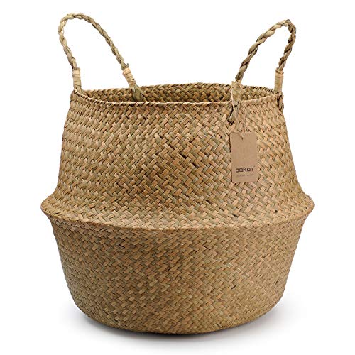 DOKOT Seagrass Plant Basket with Handles, Round Storage Wicker Basket (10.6inch Diameter x 12.5inch Height, Natural) - size: XL (10.6" D x 12.5" H )