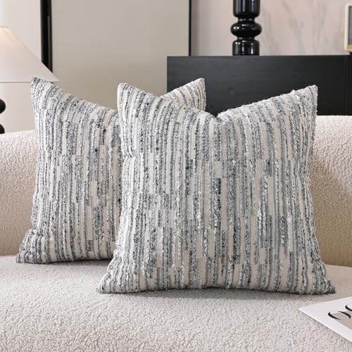 Striped Throw Pillow Covers 20x20 Set of 2 Gray Textured Boucle Chic Morden Boho Accent Farmhouse Decorative Chenille Pillow Covers for Home Decor Bed Sofa Living Room - color: Gray, size: 20" x 20" (Pack of 2)