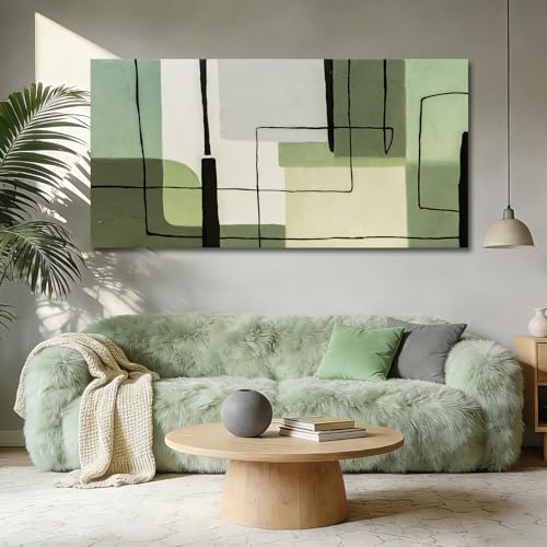 YETHEN WAL Neutral Green Geometric Wall Art Minimalist Abstract Line Canvas Prints Modern Wall Decor for Living Room Office Bedroom 24x48 Inch - color: Green, size: 48"L x 24"W