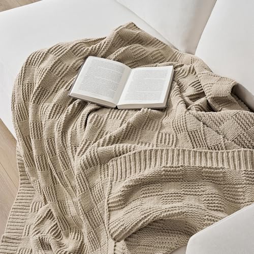 EVERGRACEHOME Modern Checkered Chenille Throw Blanket, 50x60, Sand Dune - color: Sand Dune, size: 50" X 60"