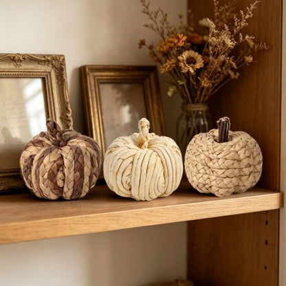 Lulu Home Set of 3 Handwoven Pumpkins Decor - color: Cream & Brown Blend