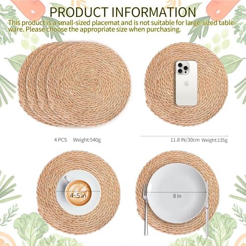 Woven Placemats Set of 4,12 Inch Medium Size Rattan Placemats Wicker Place MatsNatural Farmhouse Jute Braided Table Runnerfor Kitchen Countertops Medium Size Please Choose Carefully - size: 12 Inch 4PCS