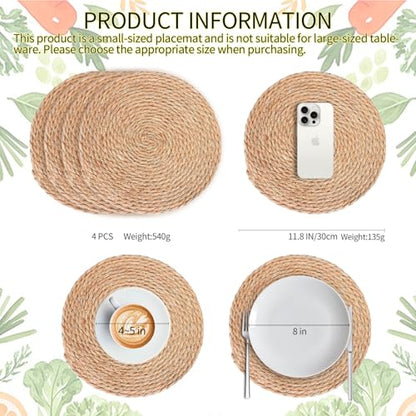 Woven Placemats Set of 4,12 Inch Medium Size Rattan Placemats Wicker Place MatsNatural Farmhouse Jute Braided Table Runnerfor Kitchen Countertops Medium Size Please Choose Carefully - size: 12 Inch 4PCS