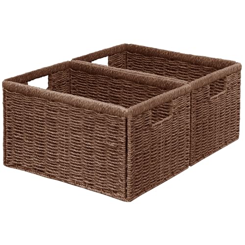 Vagusicc 2 Packs Large Wicker Storage Basket, Closet Storage Baskets Bins for Shelves, Decorative Collapsible Baskets for Organizing Clothes Toy Nursery Bathroom Organizers and Storage, Brown - color: Brown, size: Large