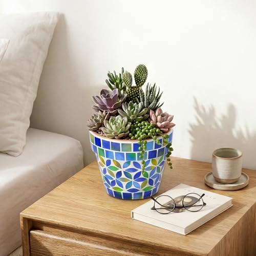 Mosaic Ceramic Small Succulent Plant Pot with Drainage 4 in Planter - color: Mosaic Blue
