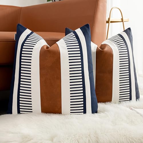 Set of 2 Decorative Faux Leather Pillow Covers 16x16 inch, Modern Boho Cushion Cover Set for Couch Living Room Bedroom Striped Accent Pillowcase Farmhouse Decor, Navy Blue - color: Navy Blue, size: 16" x 16" (Pack of 2)